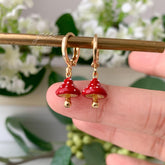 Red Mushroom Huggie Earrings - fun food fruit earrings - cute mushroom huggie hoops